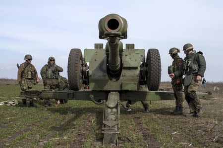 Ukraine's voluntary militia called the Azov Battalion holds artillery training in east Ukraine's village of Urzuf that sits west of the port city of Mariupol on the Azov Sea, March 19, 2015. REUTERS/Marko Djurica