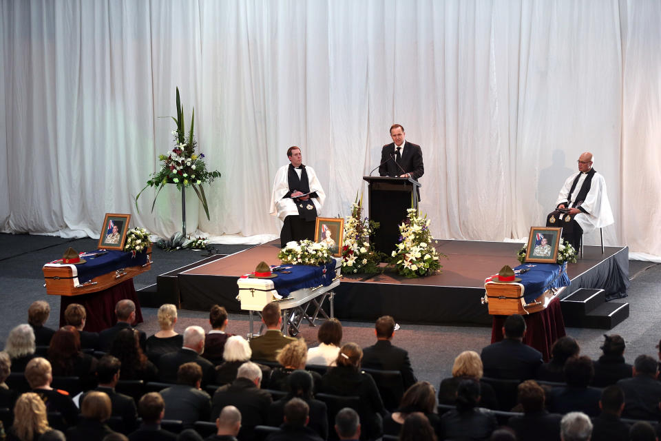 CHRISTCHURCH, NEW ZEALAND - AUGUST 25: New Zealand Prime Minister John Key attends the combined memorial service for fallen soldiers Corporal Luke Tamatea, Lance Corporal Jacinda Baker and Private Richard Harris at Burnham Military Camp on August 25, 2012 in Christchurch, New Zealand. The three fallen New Zealand soldiers were fatally wounded in action on August 4, 2012, in the Bayman Province in Afghanistan. (Photo by Martin Hunter/Getty Images)