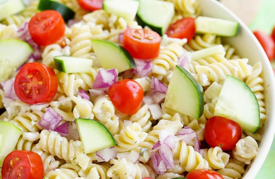 <p>There is truly no summer dish that compares to this cucumber and dill pasta salad. It can be prepared in just 15 minutes with pasta from <a href="https://www.thedailymeal.com/how-to-use-up-leftovers?referrer=yahoo&category=beauty_food&include_utm=1&utm_medium=referral&utm_source=yahoo&utm_campaign=feed" rel="nofollow noopener" target="_blank" data-ylk="slk:last night’s leftovers;elm:context_link;itc:0;sec:content-canvas" class="link ">last night’s leftovers</a>.</p> <p><a href="https://www.thedailymeal.com/best-recipes/cucumber-dill-pasta-salad?referrer=yahoo&category=beauty_food&include_utm=1&utm_medium=referral&utm_source=yahoo&utm_campaign=feed" rel="nofollow noopener" target="_blank" data-ylk="slk:For the Cucumber and Dill Pasta Salad recipe, click here.;elm:context_link;itc:0;sec:content-canvas" class="link ">For the Cucumber and Dill Pasta Salad recipe, click here.</a></p>