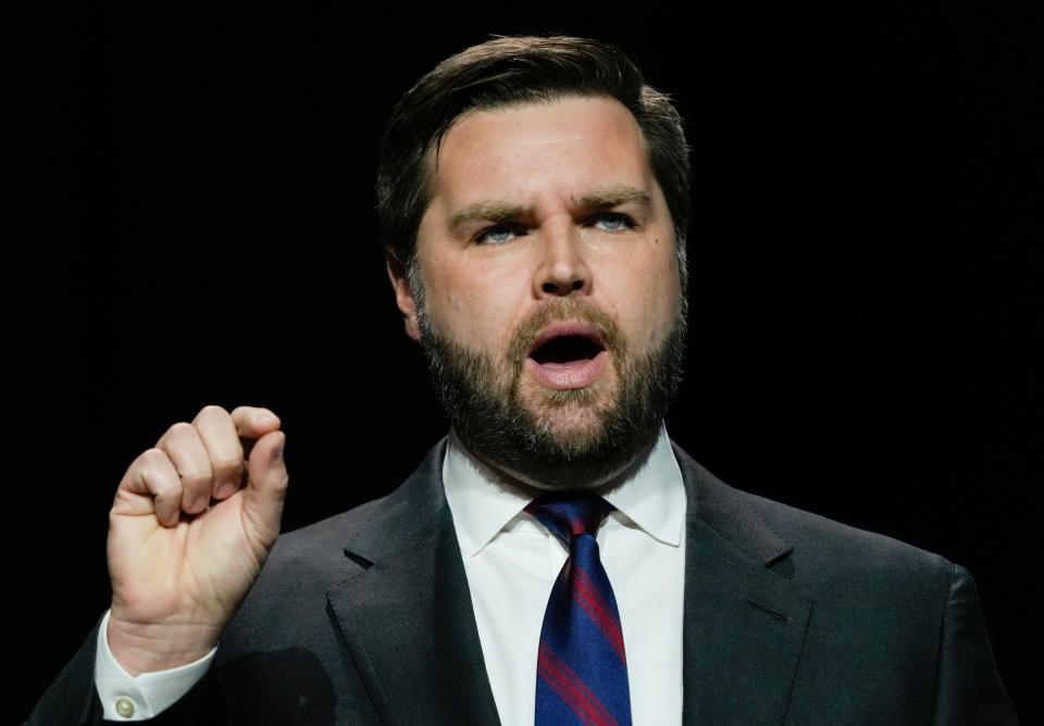 Mar 28, 2022; Wilberforce, Ohio, USA; U.S. Senate Republican candidate J.D. Vance emphasizes a point during Ohio's U.S. Senate Republican Primary Debate at Central State University. Mandatory Credit: Joshua A. Bickel/Ohio Debate Commission