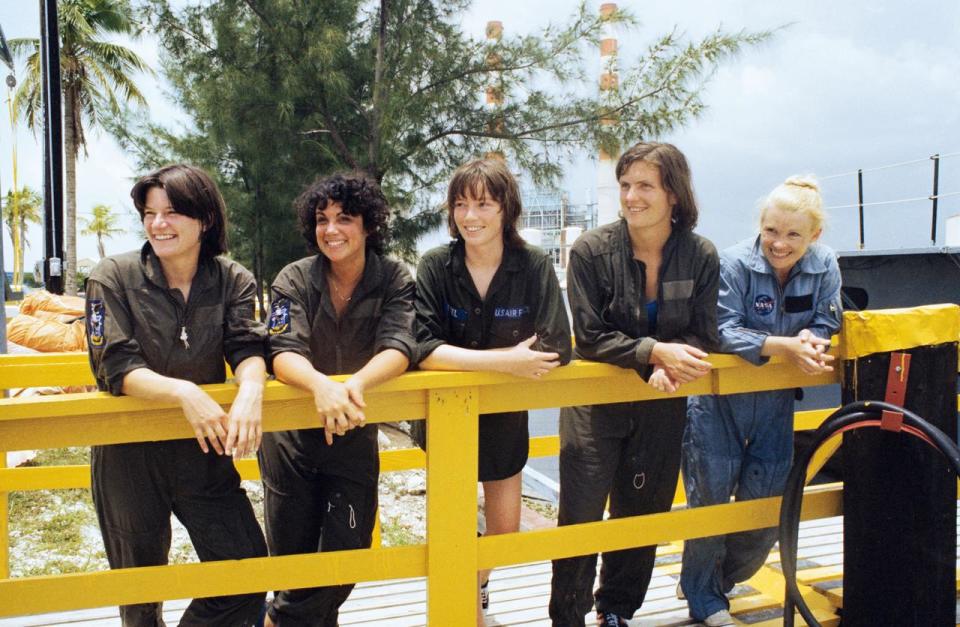 Taking a break from the various training exercises at a three-day water survival school held near Homestead Air Force Base, Florida are these five astronaut candidates left to right are Sally K. Ride, Judith A. Resnik, Anne L. Fisher; Kathryn D. Sullivan and Rhea Seddon. They were among fifteen mission specialist-astronaut candidates who joined one of the pilot astronaut candidates for the training. (1978)