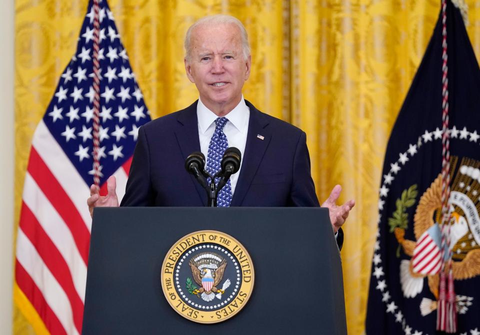 President Joe Biden speaks during an event to celebrate labor unions, in the East Room of the White House, Wednesday, Sept. 8, 2021, in Washington.