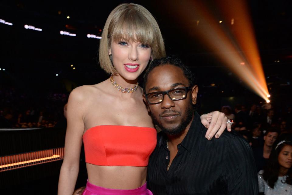 <p>Kevin Mazur/WireImage</p> Taylor Swift and Kendrick Lamar