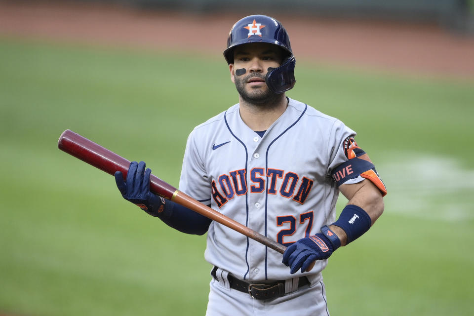 Houston Astros' Jose Altuve stands on the field during a baseball game against the Baltimore Orioles, Tuesday, June 22, 2021, in Baltimore. (AP Photo/Nick Wass)