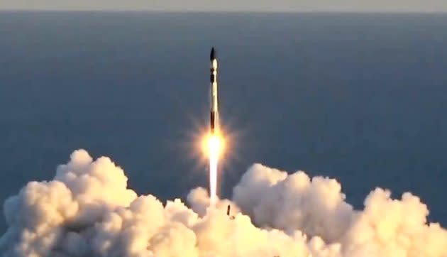 Rocket Lab’s Electron launch vehicle rises from the company’s launch pad on New Zealand’s Mahia Peninsula. (Rocket Lab via YouTube)