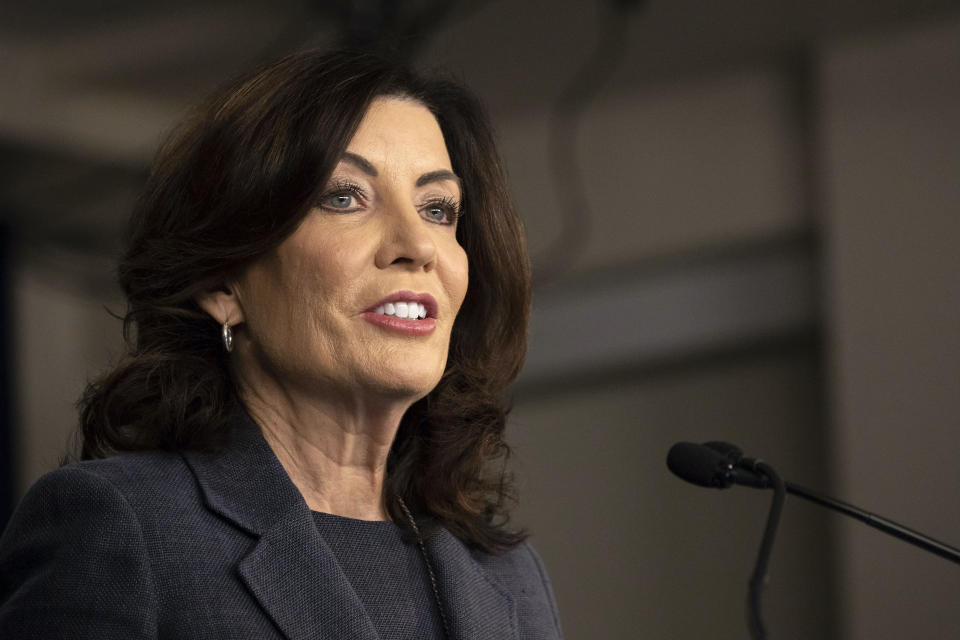 FILE - New York Gov. Kathy Hochul addresses the media during a news conference, March. 13, 2023, in New York. Hochul will outline her agenda in a State of the State address on Tuesday, Jan. 9, 2024, with the Democrat expected to focus on housing, crime and education policies ahead of a pivotal election season where races in the state could determine control of Congress. (AP Photo/Yuki Iwamura, File)