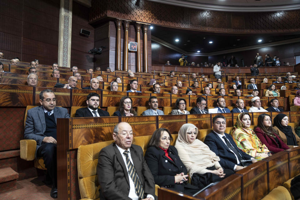 Lawmakers convene during a session denouncing a European Parliament resolution, in the Moroccan parliament in Rabat, Monday, Jan. 23, 2023. Morocco’s parliament announced it would re-evaluate its partnership with the European Parliament after a recent resolution criticized press freedom in Morocco. (AP Photo/Mosa'ab Elshamy)