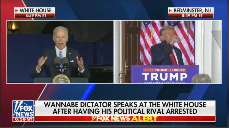 Fox News chyron calls Biden ‘wannabe dictator’ while Trump plays down charges over mishandling nuclear secrets (Screen grab)