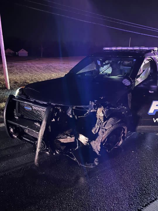 Two people were hospitalized with serious injuries after their car collided with a West Jefferson police cruiser, Jan. 28, 2024 (Courtesy/West Jefferson Police Department)
