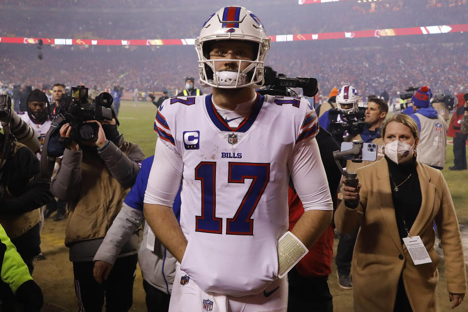 KANSAS CITY, MISSOURI - JANUARY 23: Josh Allen #17 of the Buffalo Bills walks off the field after being defeated by the Kansas City Chiefs 42-36 in the AFC Divisional Playoff game at Arrowhead Stadium on January 23, 2022 in Kansas City, Missouri. (Photo by David Eulitt/Getty Images)