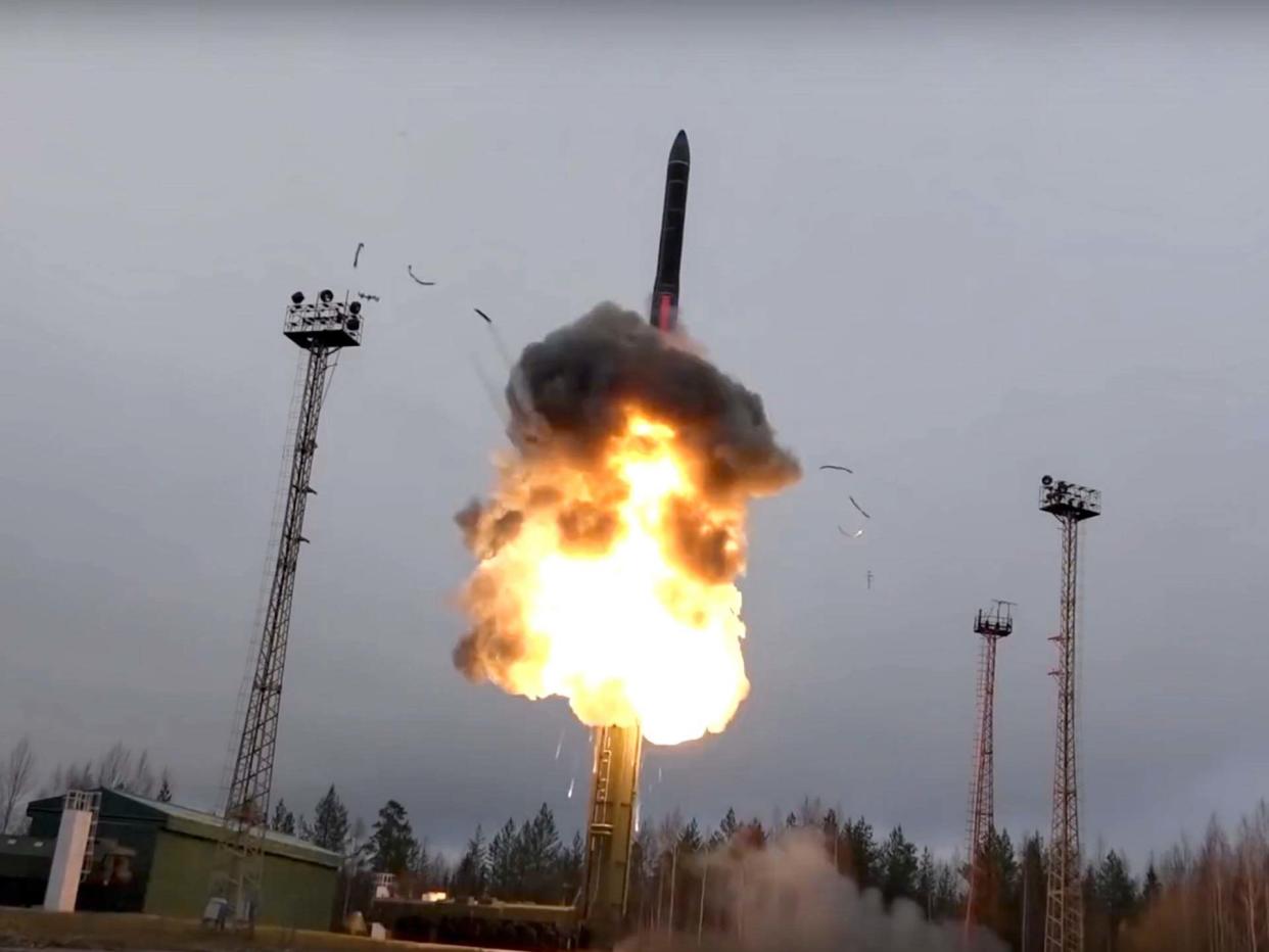 An intercontinental ballistic missile lifts off from a truck-mounted launcher in Russia: AP