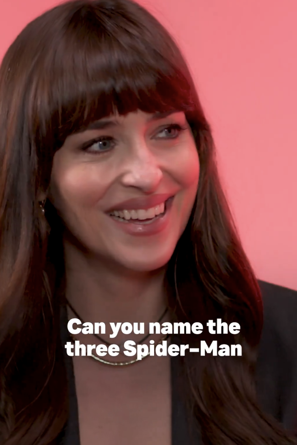 Dakota Johnson being asking if she can name the three Spider-Man movies Tom Holland stars in