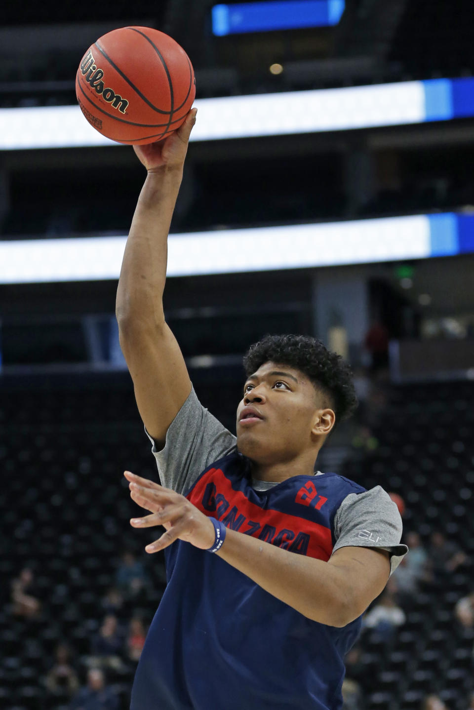 Gonzaga's Rui Hachimura shoots during practice for the NCAA men's college basketball tournament Wednesday, March 20, 2019, in Salt Lake City. Gonzaga plays Fairleigh Dickinson on Thursday. (AP Photo/Rick Bowmer)