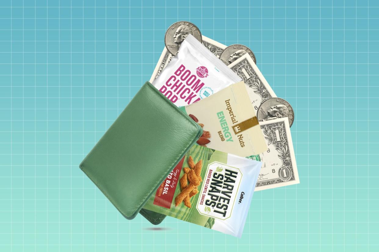 wallet with money and Dollar Tree food items coming out of it