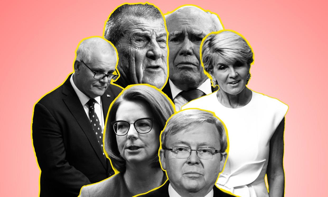 <span>Some of the most vicious and memorable political moments have been from friendly fire: Jeff Kennett and John Howard (at top); Scott Morrison and Julie Bishop; Julia Gillard and Kevin Rudd.</span><span>Composite: The Guardian / Getty Images / Michael Dodge / EPA / Sam Mooy / AAP / Mick Tsikas</span>