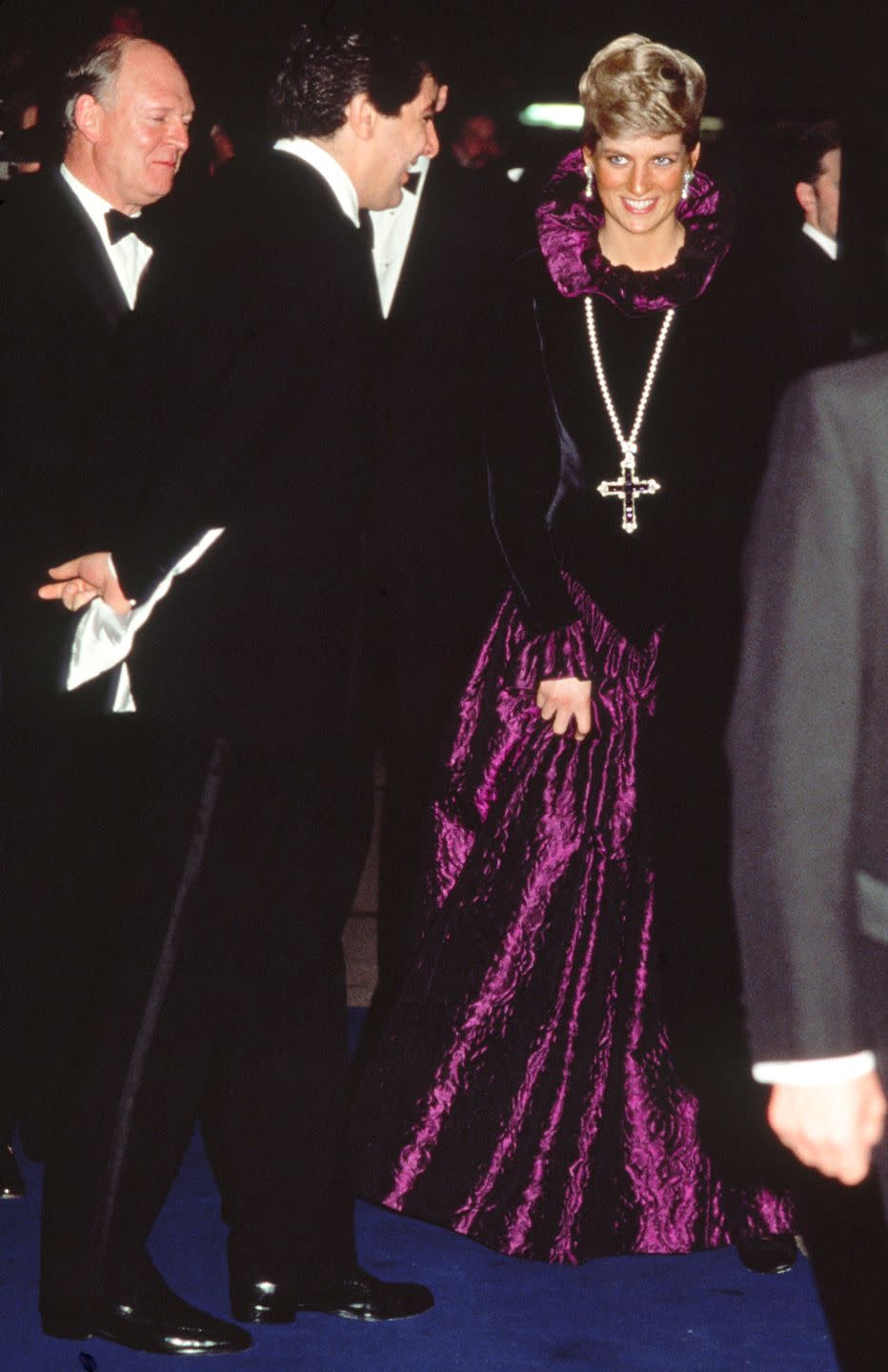 london, united kingdom october 27 diana, princess of wales, arriving at a charity gala evening on behalf of birthright at garrard the princess is wearing a purple evening dress with a gold and amethyst crucifix suspended on a pearl rope photo by tim graham photo library via getty images