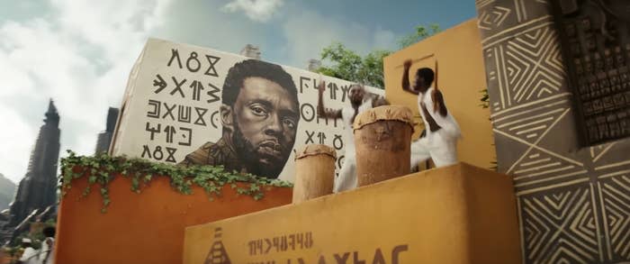 A mural painted on the side of a building of Chadwick Boseman as T'Challa in Black Panther: Wakanda Forever
