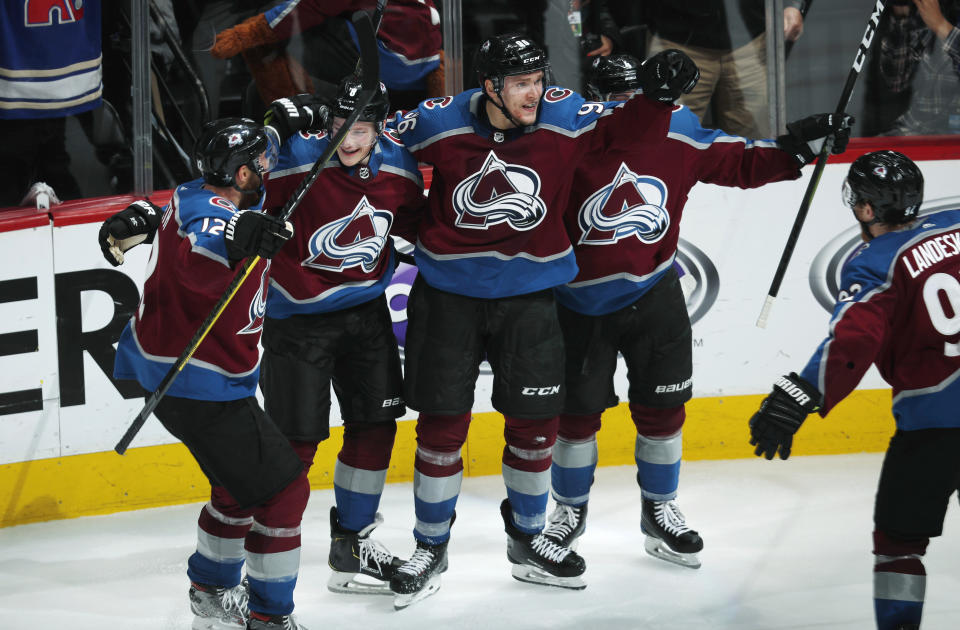 Colorado Avalanche right wing Mikko Rantanen, celebrates his overtime goal.