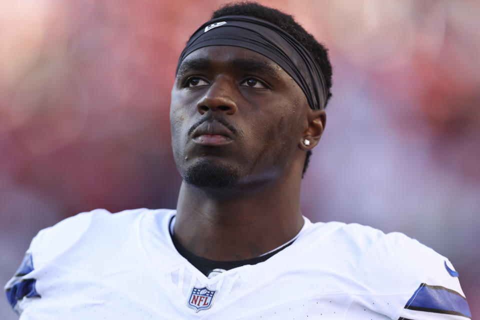 FILE - Dallas Cowboys safety Jayron Kearse warms up before an NFL football game against the San Francisco 49ers in Santa Clara, Calif., Sunday, Oct. 8, 2023. The accessibility of social media has put players in position to feel that ferocity like never before, and that's one reason why the league has a wellness program for these uniquely high-profile employees. (AP Photo/Jed Jacobsohn, File)