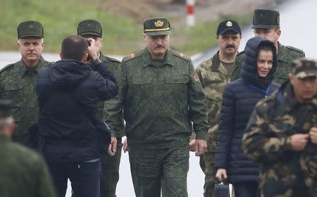 Belarussian President Alexander Lukashenko arrives for the Zapad 2017 war games at a range near the town of Borisov, Belarus September 20, 2017. REUTERS/Vasily Fedosenko