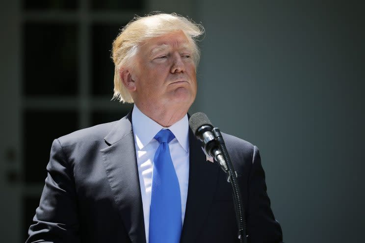 Trump holds a joint news conference with Romanian President Klaus Iohannis in the Rose Garden at the White House, June 9, 2017. (Chip Somodevilla/Getty Images)