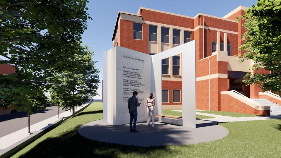 The Douglass High School hymn and a bench with framed view to school entrance is part of a proposed Page Woodson Commemorative Plaza.
