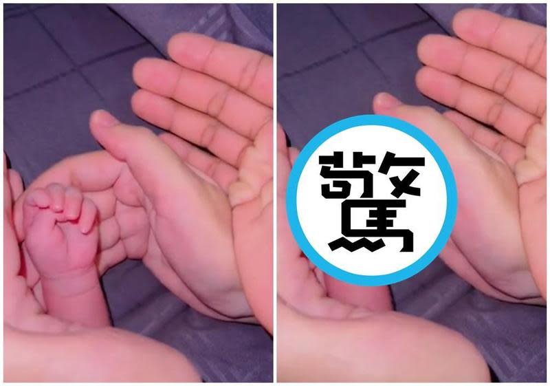 中國一對父母原本想替寶寶拍溫馨片，沒想到寶寶比出了超派的手勢。 （翻攝微博）