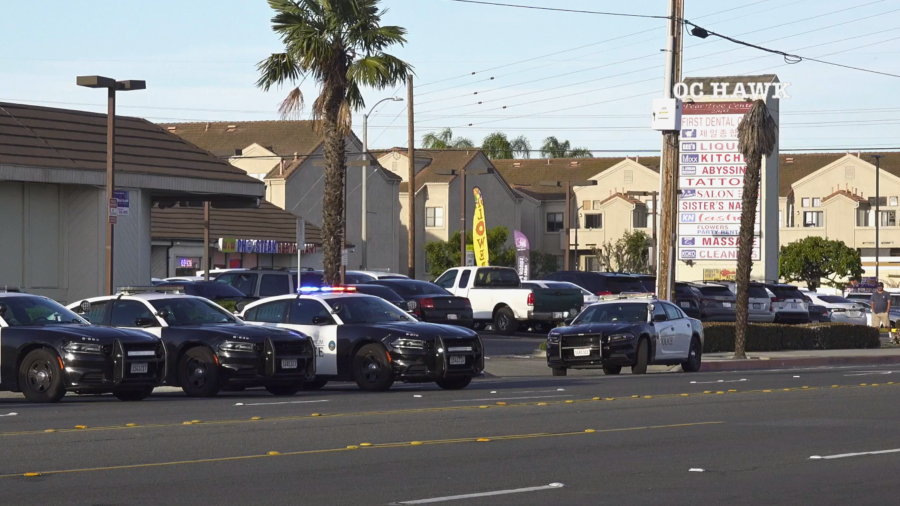 Police respond to a shooting in Anaheim on April 17, 2024.