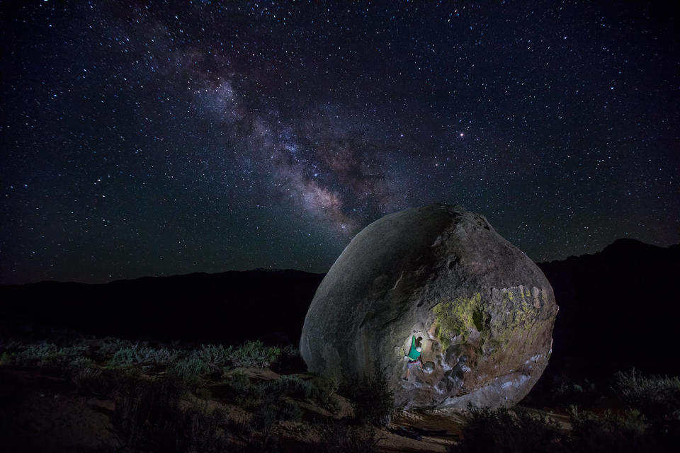 &ldquo;I had no idea what to expect from this experience,&rdquo; says rock climber <strong>Eduardo Carvalho</strong> of this nighttime image by his friend, photographer <strong>Fred Pompermayer</strong>. It was shot&nbsp;under the Milky Way at the&nbsp;Buttermilks in Bishop, California.&nbsp;The two chose a line with solid holds on the Grandma Peabody boulder so Carvalho could hang on when the Milky Way hit its highest point in the sky at 3:20 a.m. &ldquo;All I could think was to stay as still as possible, knowing how important this was to get the image he had in mind,&rdquo; Carvalho says. Nailing this image was a team effort, Pompermayer says. &ldquo;As a photographer, I am constantly coming up with ideas to produce inspiring and exciting images. It can be hard to find people that are excited about your vision and want to help make it happen. Not everyone is willing to wake up in the middle of the night to go bouldering, and then sit tight for a 13-second exposure over and over again.&rdquo; After the first few test shots, Pompermayer recalls, &ldquo;everyone got superstoked with the results, and it kept improving until we got the perfect lighting.&rdquo; Carvalho says the thing he loves most about climbing, besides working in beautiful places, is &ldquo;the physical and mental challenges that allow me to grow and gain strength&mdash;and sharing these experiences with friends.&rdquo;