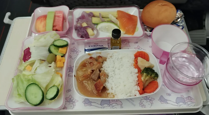 Chicken, rice, veggies, smoked salmon plate, fruit, and roll.