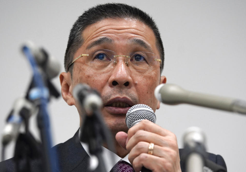 FILE - In this Nov. 19 2018, file photo, Nissan Motor Co. President and Chief Executive Officer Hiroto Saikawa speaks during a press conference at Nissan Motor Co. Global Headquarter, in Yokohama, near Tokyo. Nissan’s board is meeting to pick a chairman to replace Carlos Ghosn, arrested last month on charges of violating financial regulations. The Dec. 17, 2018, meeting comes amid an unfolding scandal that threatens the Japanese automaker’s two-decade alliance with Renault SA of France and its global brand, as well as highlighting shoddy governance. (AP Photo/Shuji Kajiyama, File)