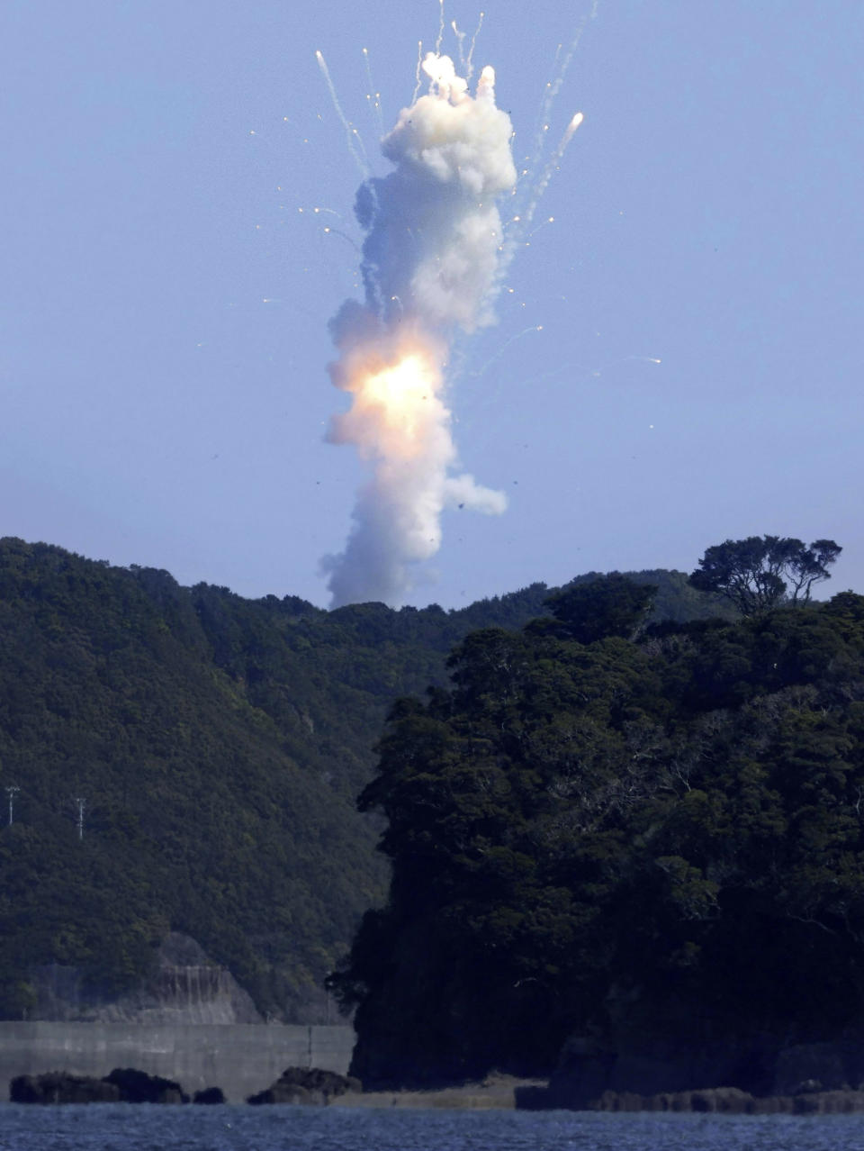 Space One's Kairos rocket explodes after liftoff from a launch pad in Kushimoto, Wakayama prefecture, western Japan, Wednesday, March 13, 2024. The rocket touted as Japan’s first from the private sector to go into orbit exploded shortly after takeoff Wednesday, livestreamed video showed. (Kyodo News via AP)