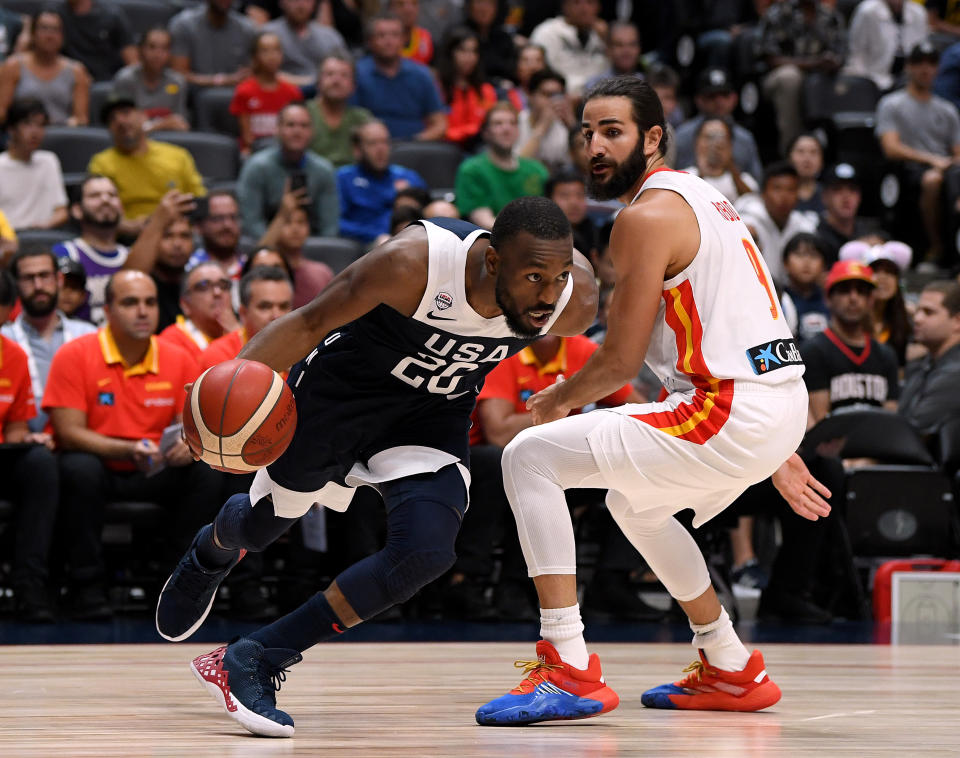 Kemba Walker of the United States dribbles past Ricky Rubio of Spain in a 90-81 USA win during an exhibition game at Honda Center on August 16, 2019 in Anaheim, California. (Photo by Harry How/Getty Images)