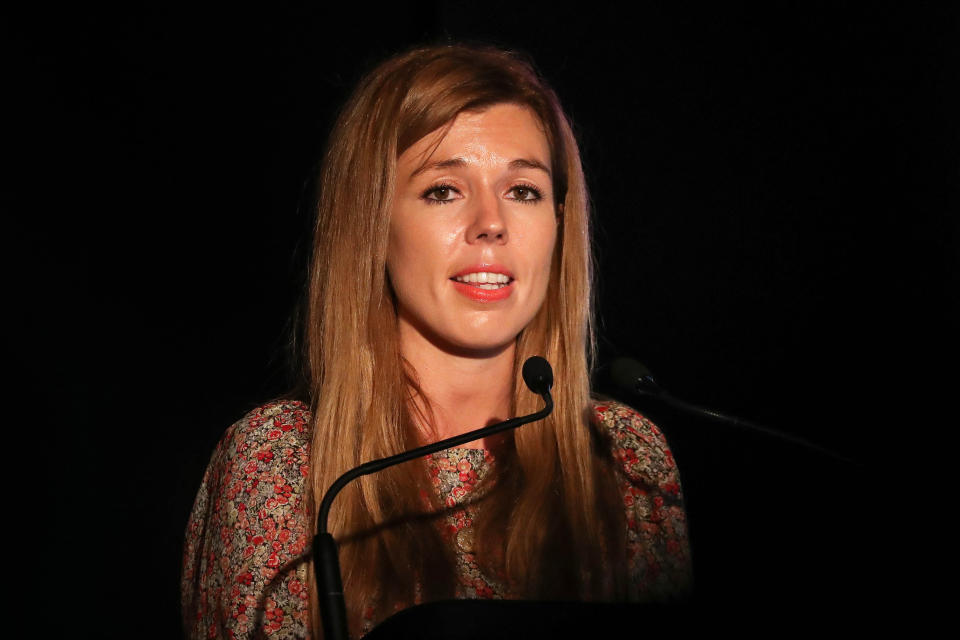 Carrie Symonds, the partner of Prime Minister Boris Johnson, gives a speech at Birdfair, an environmental awareness conference, at the Rutland Water Nature Reserve in Egleton near Oakham.