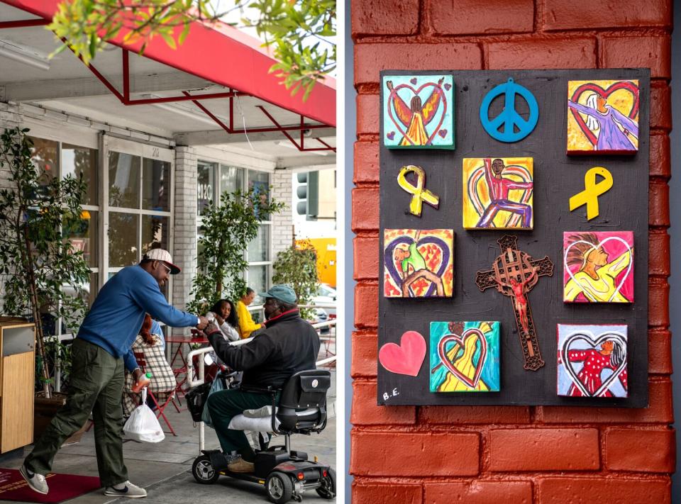 Two photos side by side, one of Lionel Boyce fist-bumping a man and the other of decor on a brick wall.