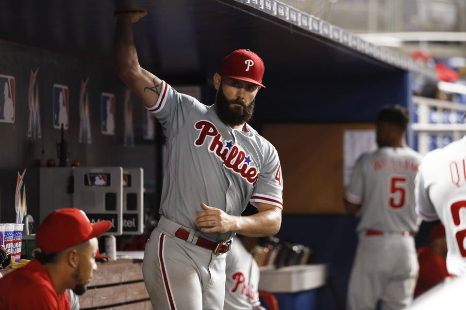 Philadelphia Phillies starting pitcher Jake Arrieta in action during a baseball game against the Miami Marlins, Tuesday, Sept. 4, 2018, in Miami. (AP Photo/Brynn Anderson)