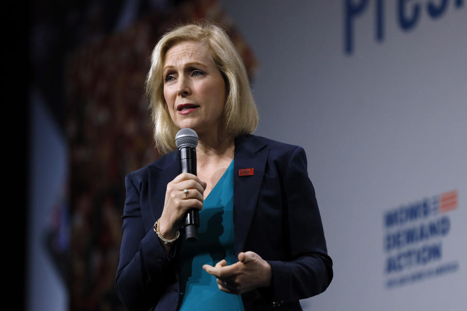 Democratic presidential candidate Sen. Kirsten Gillibrand speaks at the Presidential Gun Sense Forum, Saturday, Aug. 10, 2019, in Des Moines, Iowa. (AP Photo/Charlie Neibergall)