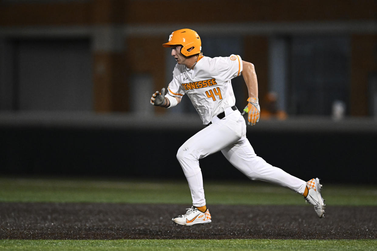 KNOXVILLE, TENNESSEE - MARCH 24: Zane Denton #44 of the Tennessee Volunteers runs to second base against the Texas A&M Aggies in the seventh inning at Lindsey Nelson Stadium on March 24, 2023 in Knoxville, Tennessee. (Photo by Eakin Howard/Getty Images)