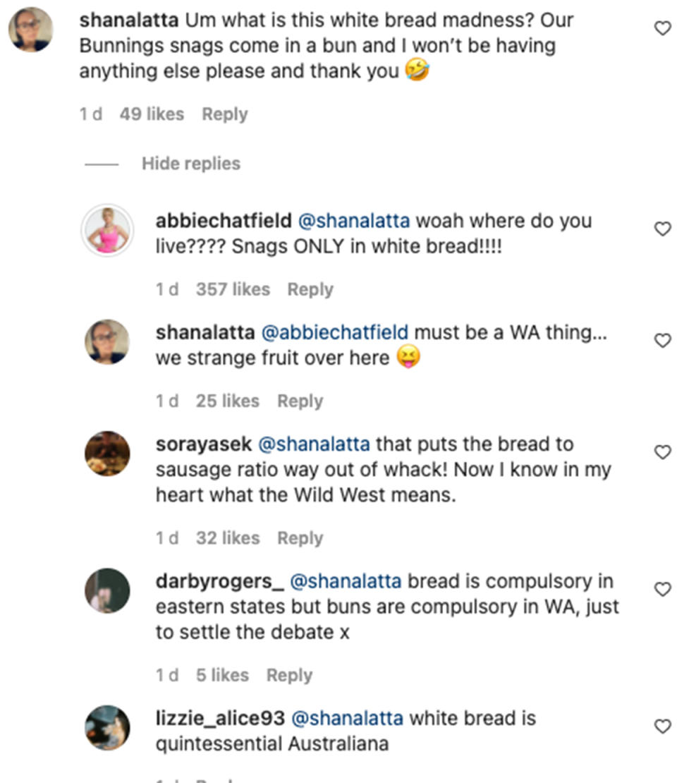 Fan comments about Bunnings sausage sizzle on The Bachelor's Abbie Chatfield's Instagram page. Photo: Instagram/abbiechatfield.