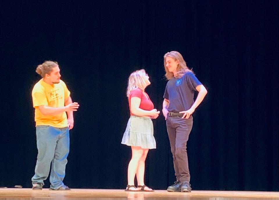 Recently, the CHS Thespian Club performed select scenes from the productions they were part of this school year.
Originally performed as the Spring Musical was Emma: A Pop Musical by Eric Price.
Pictured from the left are: Jeff Knightly (Xander Fields), Belle Hardy (Emma Woodhouse) and Aaron Olson (Frankie Churchill).