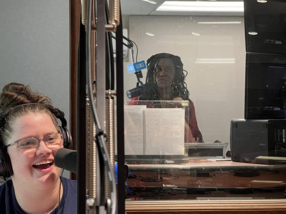 From left, Rebecca Smith, KBIA news, health and wealth reporter, talks while T’Keyah Thomas, on-air host and media producer, stands by Monday at the public radio station's studio.