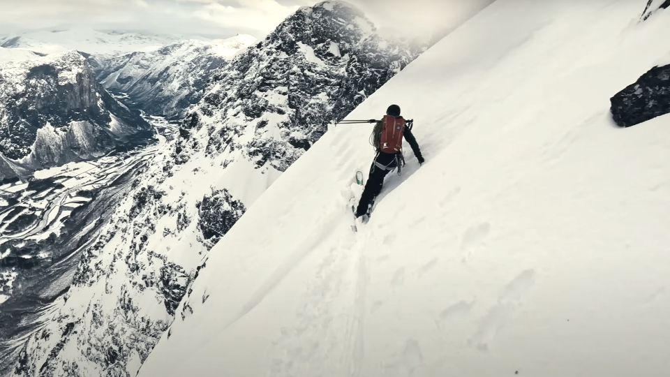  Kilian Jornet and David Lindgren skiing on a steep climbing route in Norway. 