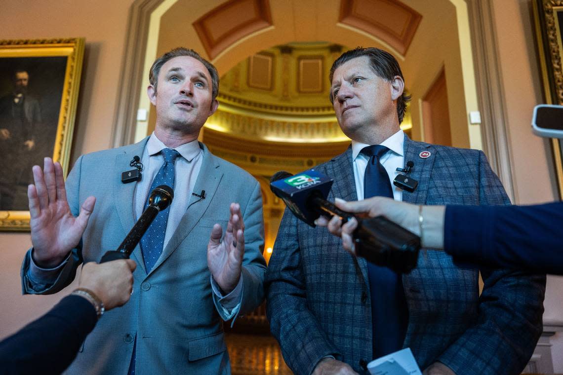 Assemblyman James Gallagher, R-Yuba City, left, and Sen. Brian Jones, R-Santee, speak Thursday about protests at California universities regarding the war in Gaza. “The right to express yourself, especially on college campuses, is important. But when that moves to acts where you are taking away other people’s rights – when you’re harassing, intimidating and committing assaults on Jewish students, when you are blocking other people’s access to getting their education – it’s a totally different story,” Gallagher said.