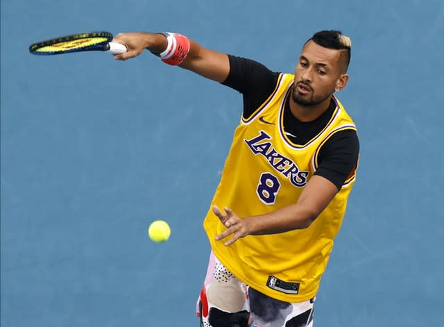 Nick Kyrgios wore a Lakers shirt during his warm-up for his Australian Open clash with Rafael Nadal