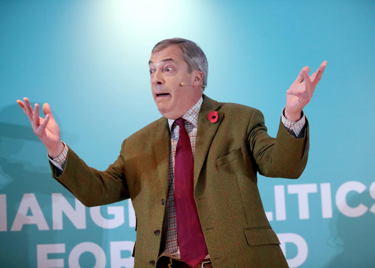 PA Review of the General Election 2019 06/11/19 Brexit Party leader Nigel Farage addresses supporters at the Washington Central Hotel in Workington.