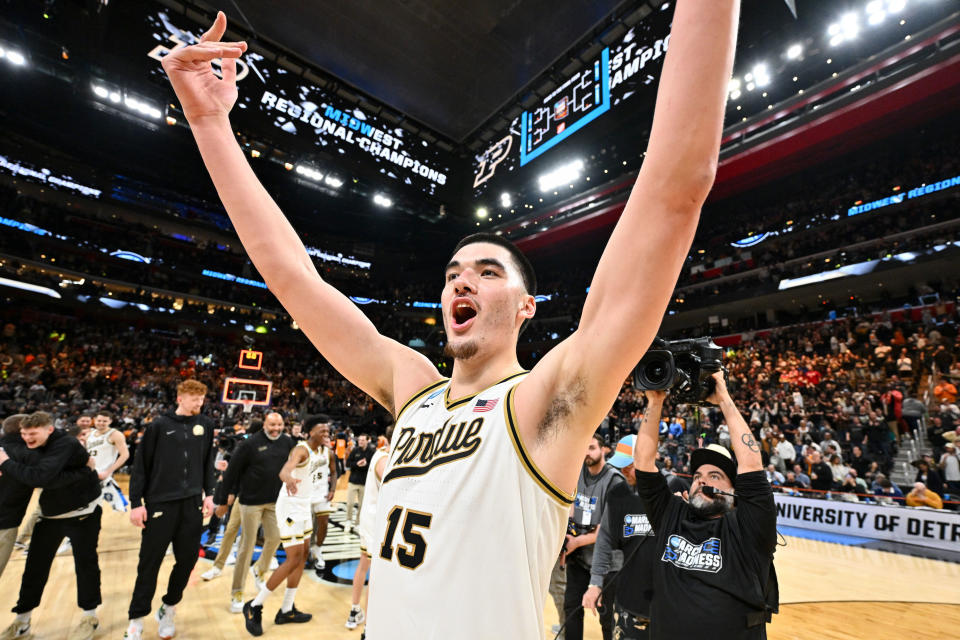 DETROIT, MICHIGAN - MARCH 31: Zach Edey #15 of the Purdue Boilermakers celebrates their win against the Tennessee Volunteers during the Elite Eight round of the 2024 NCAA Men's Basketball Tournament held at Little Caesars Arena on March 31, 2024 in Detroit, Michigan. (Photo by Jamie Sabau/NCAA Photos via Getty Images)