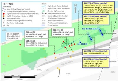 Exhibit 2. Plan Map of New Holes from 2024 Program vs. Local Geology at Ballywire (CNW Group/Group Eleven Resources Corp.)