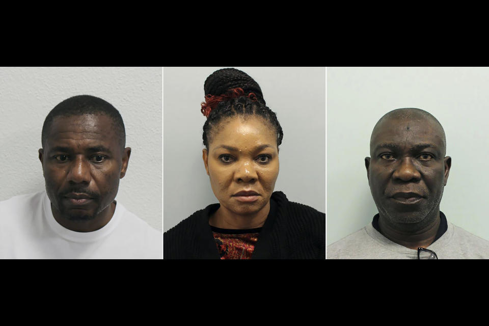 Undated handout photos provided by the Metropolitan Police on March 23, 2023 show from right, Nigerian Senator Ike Ekweremadu, 60, Beatrice Ekweremadu, 56, and Dr. Obinna Obeta, 50, who were found guilty of conspiring to transport a street trader to the U.K. as part of an organ-harvesting plot. / Credit: Metropolitan Police/AP