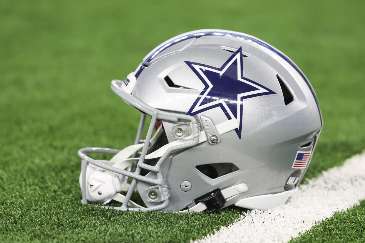 ARLINGTON, TX - JANUARY 14:  Detailed view of a Dallas Cowboys helmet prior to an NFL wild-card playoff football between the Green Bay Packers and the Dallas Cowboys at AT&T Stadium on January 14, 2024 in Arlington, Texas. (Photo by Perry Knotts/Getty Images)