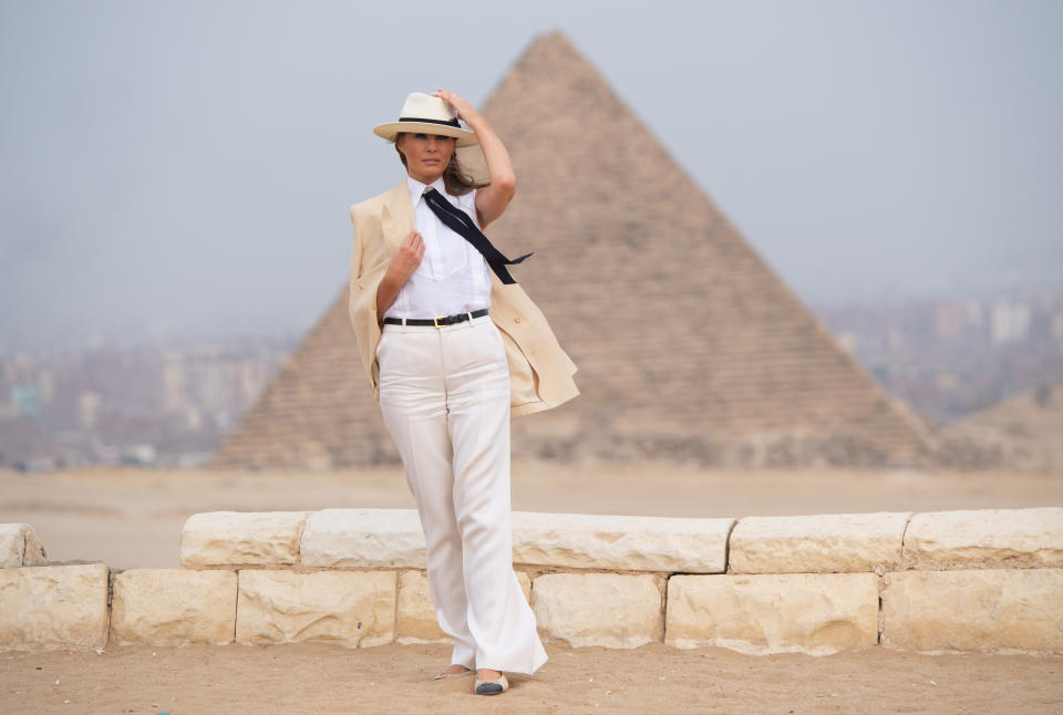 The outfit Melania wore to visit the Giza Pyramids in Egypt raised eyebrows globally. Donning a cream linen blazer, matching wide-legged trousers, a white shirt, black tie and Chanel ballerina pumps, the FLOTUS’s look drew many comparisons. Some compared the look to Michael Jackson’s Smooth Criminal loko, quipping ‘Hey Melania, are you OK?’. Others wondered if it was an attempt at a feminist statement. [Photo: Getty]